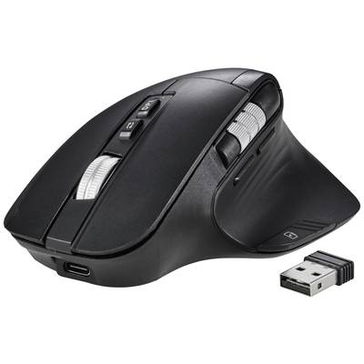 Kabellose, schwarze Computermaus mit ergonomischem Design, Scrollrad und DPI-Tasten; USB-Empfänger daneben.