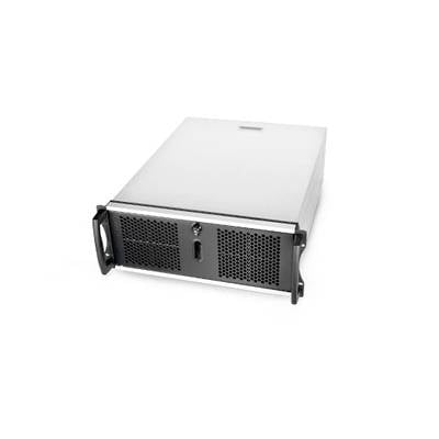 Ein silbernes Serverschrank-Gehäuse mit schwarzem Lüftungsgitter und Griffen an den Seiten. Geeignet für den Einsatz in Rechenzentren.