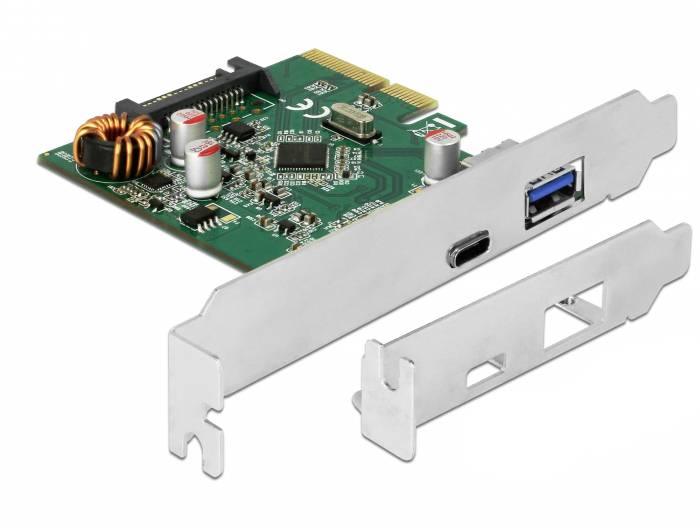 Erweiterungskarte für Computer mit USB-Anschlüssen (Typ-A und Typ-C) und Elektronikkomponenten auf einer grünen Leiterplatte.