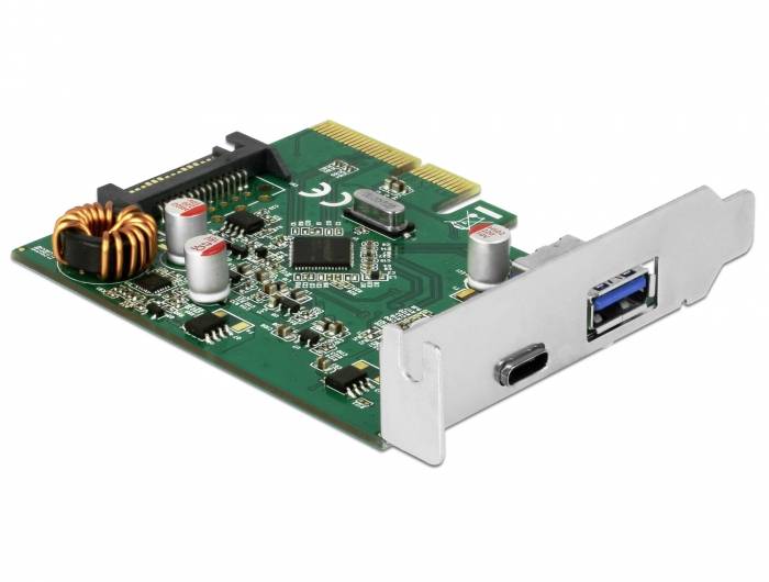 Eine grüne PCI-Express-Karte mit USB 3.0- und USB-C-Anschlüssen, mehreren Kondensatoren und einem Kupferspuleninduktor.