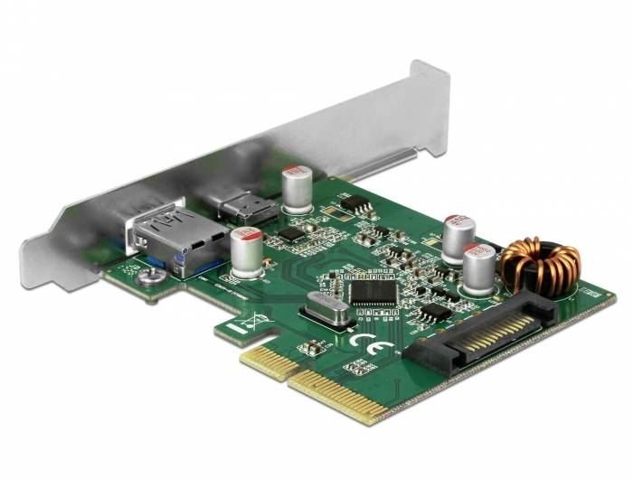 Eine grüne PCIe-Erweiterungskarte mit elektronischen Komponenten, zwei USB- und einem SATA-Anschluss. Geeignet für Computererweiterungen.