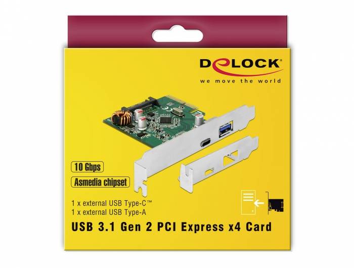 Eine Verpackung zeigt eine PCI Express Karte mit USB 3.1 Gen 2 Anschlüssen, Typ-C und Typ-A, 10 Gbps Geschwindigkeit. Marke Delock.