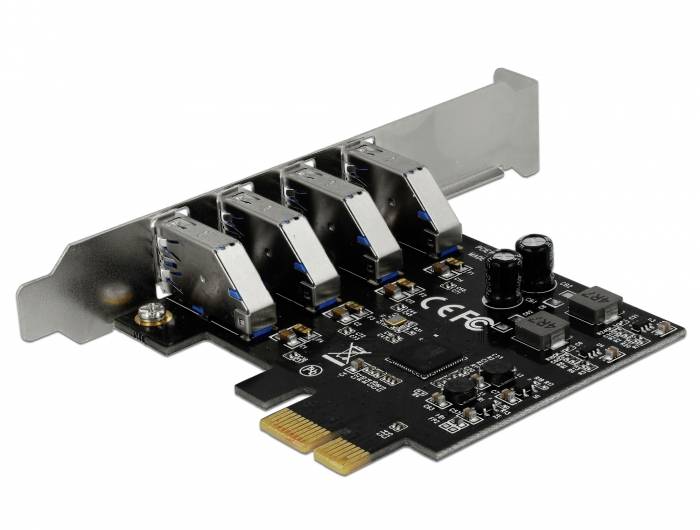 Eine PCIe-Erweiterungskarte mit vier USB 3.0-Anschlüssen auf einer schwarzen Platine.
