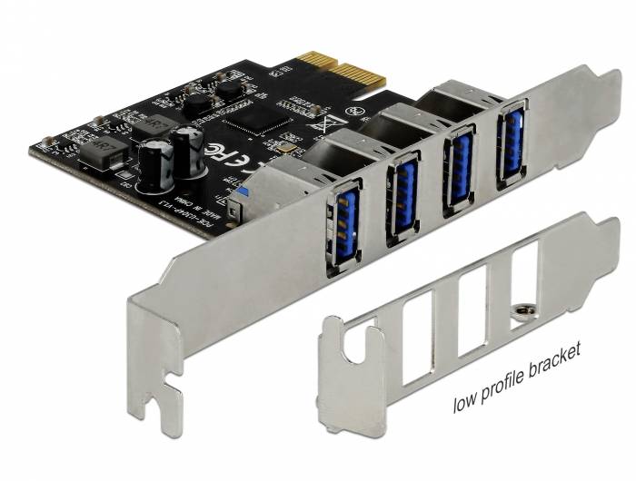 Eine PCIe-Karte mit vier USB-Anschlüssen und einem niedrigeren Montagewinkel, die an Computergehäuse angebracht werden kann.