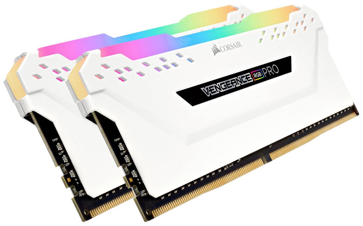 Zwei Corsair Vengeance RGB Pro RAM-Module, weißes Design mit RGB-Beleuchtung, konzipiert für leistungsstarke Gaming-PCs.