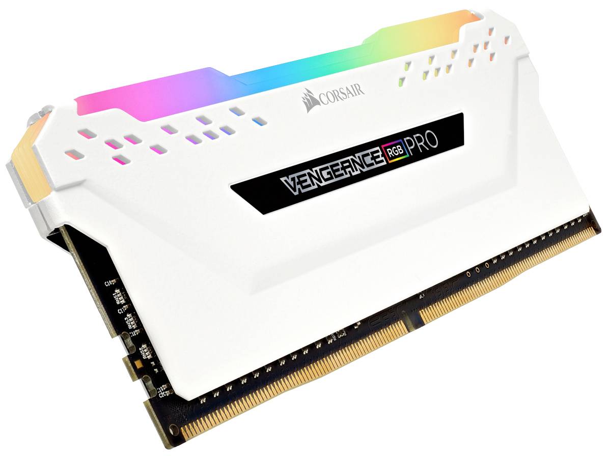 Ein weißer Corsair Vengeance RGB Pro RAM-Riegel mit leuchtenden LED-Leuchten oben, für Computerleistung und -speichererweiterung.
