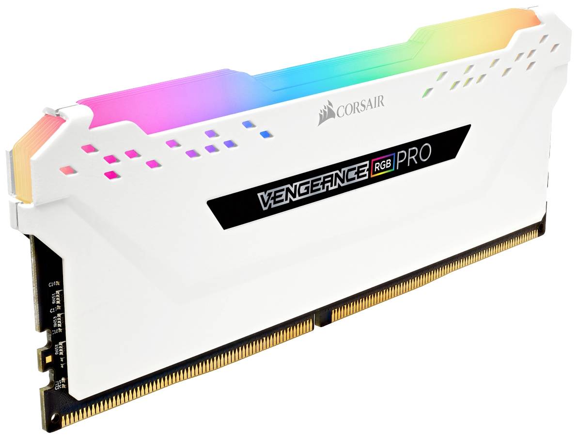 Ein weißer Corsair Vengeance RGB Pro RAM-Riegel mit bunten LED-Leuchten.