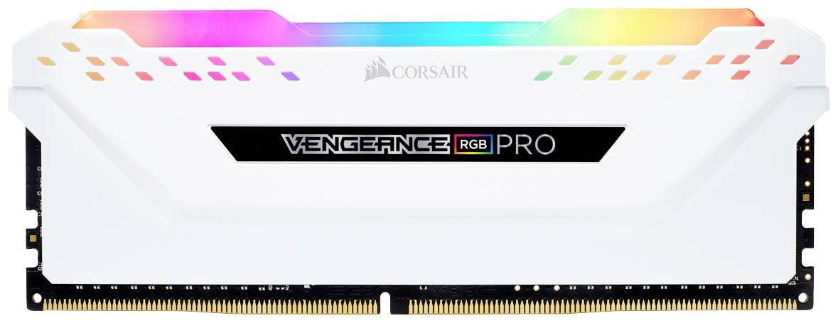 Ein weißes Corsair Vengeance RGB Pro RAM-Modul mit mehrfarbiger LED-Beleuchtung oben und markantem Branding in der Mitte.