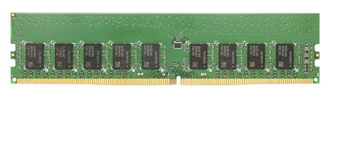 Ein grüner RAM-Riegel mit mehreren schwarzen Speicherchips und goldenen Kontakten, verwendet zum temporären Speichern von Daten im Computer.
