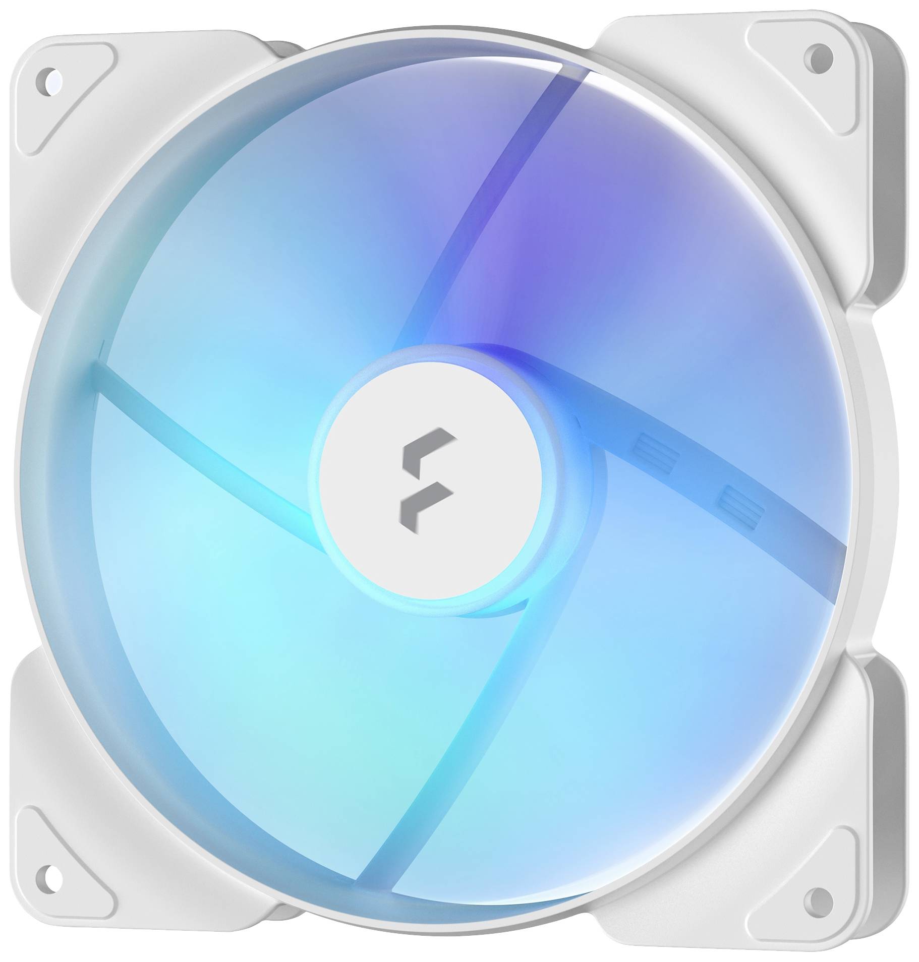 PC-Gehäuselüfter mit RGB-Beleuchtung; weißer Rahmen, blau leuchtende transparente Flügel; montagebereit mit vier Ecken.