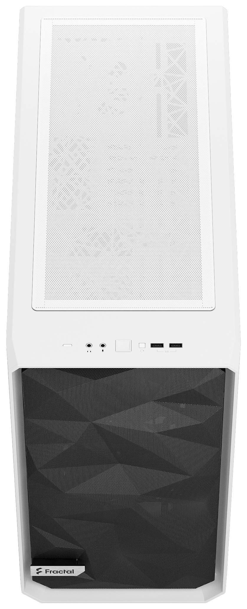Weißes Computergehäuse von Fractal mit geometrisch gemustertem Frontpanel und Mesh-Oberseite für verbesserte Belüftung.