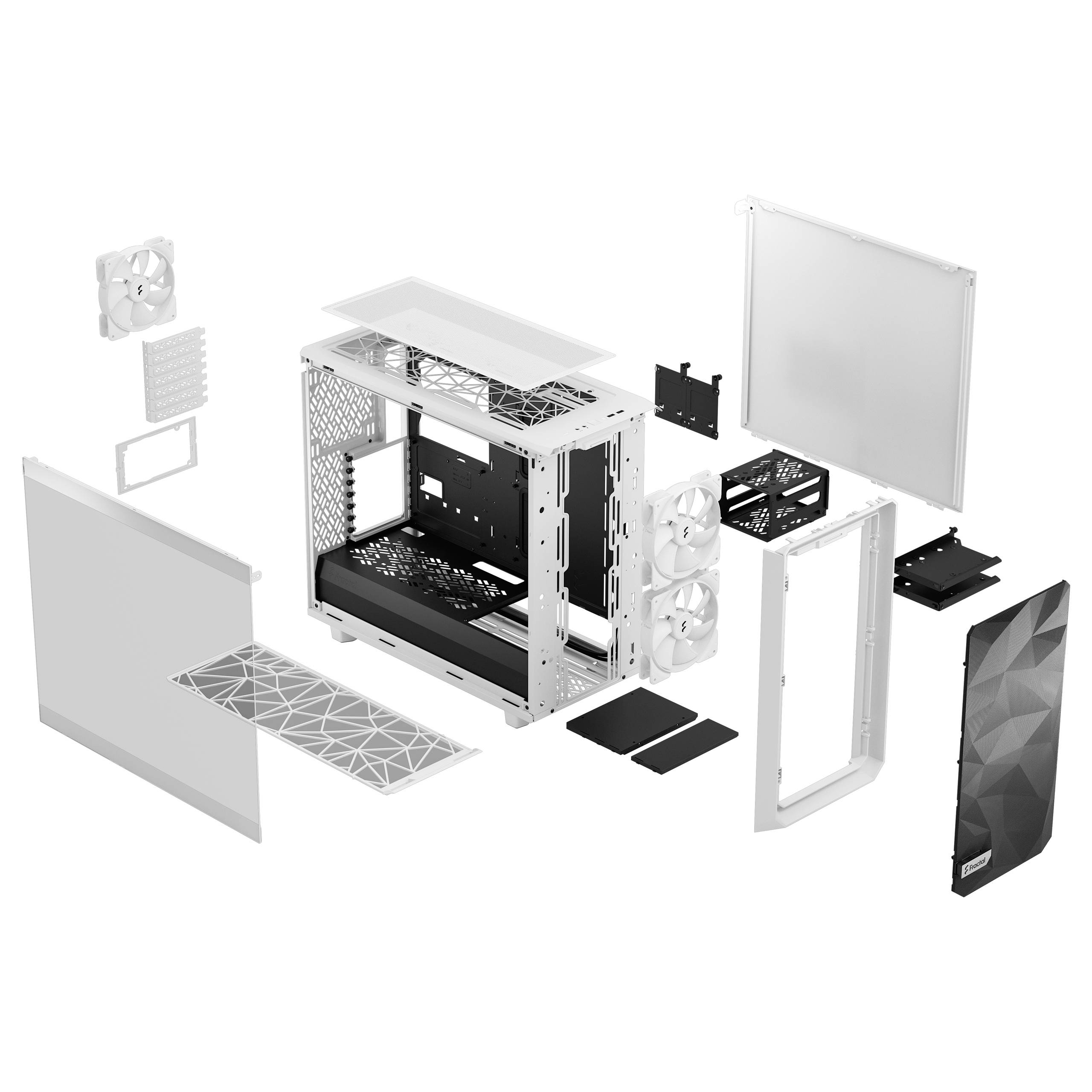 Ein zerlegtes Computergehäuse in Weiß. Sichtbare Komponenten sind das Gehäuse, Lüfter, Mesh-Panel, Seitenfenster und Filter.