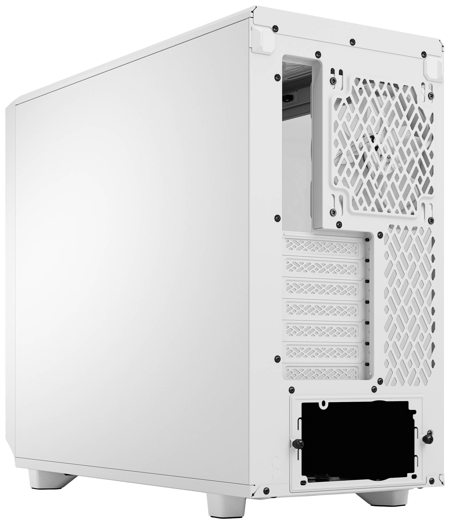 Weißes Computergehäuse mit seitlicher Öffnung und Lüftungsgitter auf der Rückseite. Geeignet für den Bau eines Desktop-PCs.