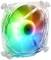 Ein quadratischer Computerlüfter in einem transparenten Gehäuse leuchtet in verschiedenen Regenbogenfarben, während er sich dreht.