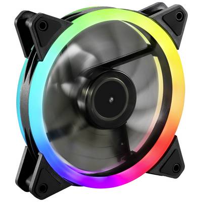 Ein Computerlüfter mit bunten LED-Leuchten in einem regenbogenfarbenen Ring. Der Lüfter rotiert, was auf Betrieb hinweist.