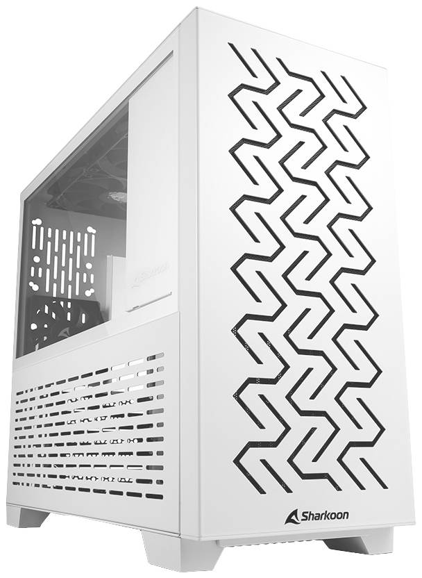 Weißes Computergehäuse mit markantem, geometrischen Muster auf der Vorderseite. Seitenfenster zeigt einen Blick auf das Innere.