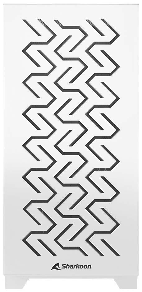 Weißes Computergehäuse von Sharkoon mit geometrischem Muster auf der Frontseite.