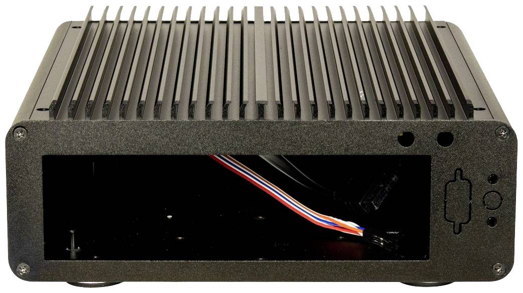 Schwarzes Gehäuse mit Lüftungsschlitzen und offener Vorderseite; Kabel mit roten, blauen und weißen Drähten im Inneren sichtbar.