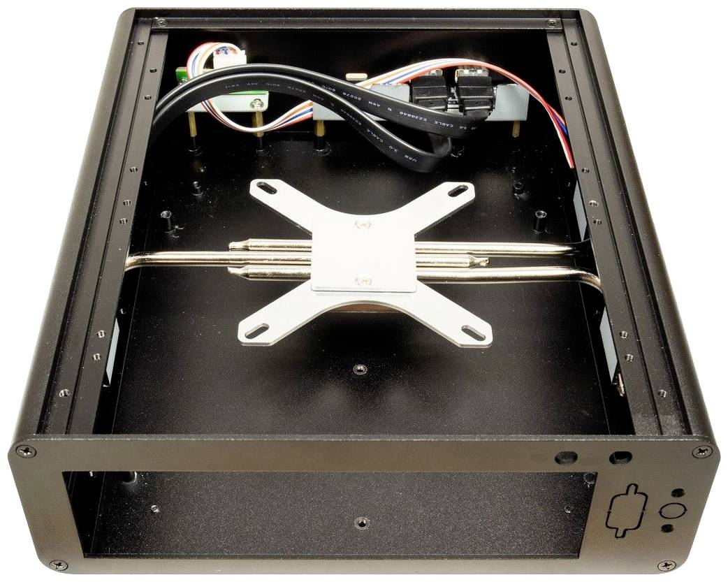 Metallgehäuse eines Elektronikgeräts, offen mit sichtbaren Kabeln und Halterungen im Inneren, geeignet für Kühlanwendungen.