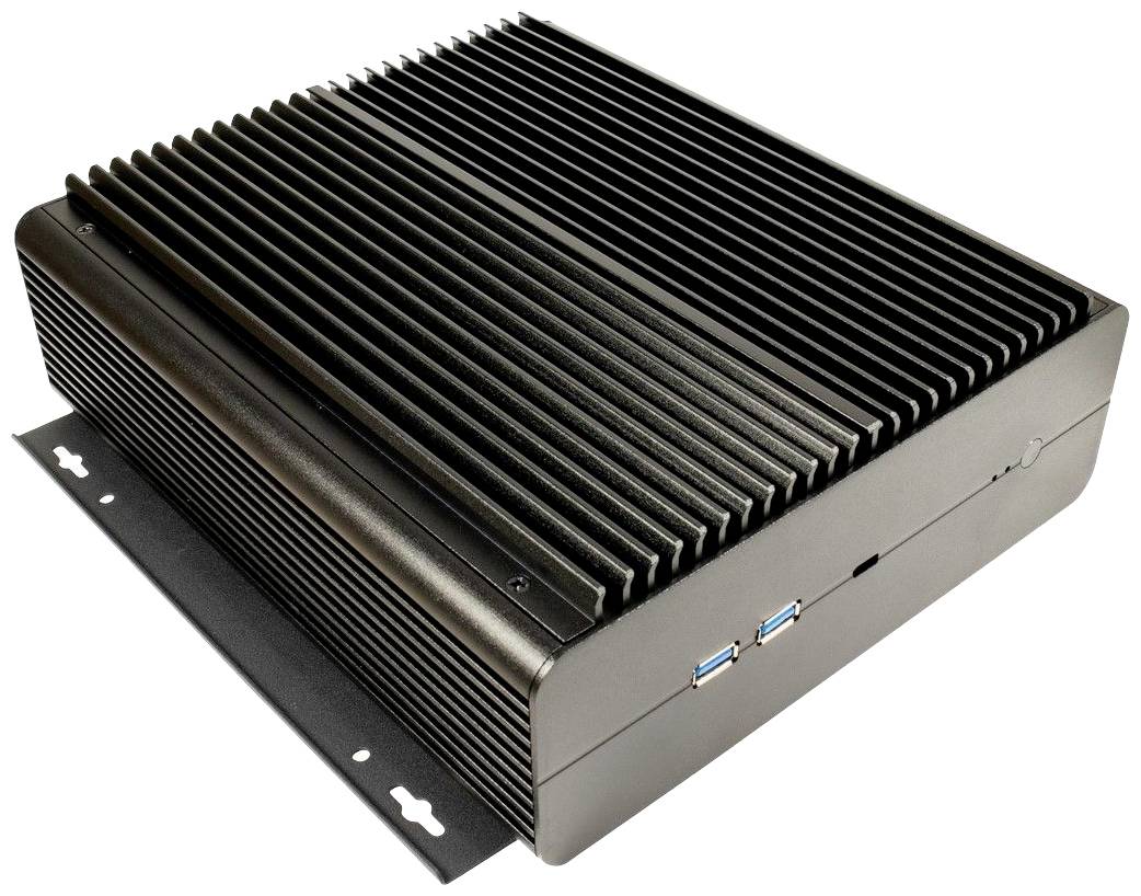 Ein schwarzer, lüfterloser Industrie-PC im Metallgehäuse mit Kühlrippen und USB-Anschlüssen auf der Vorderseite.