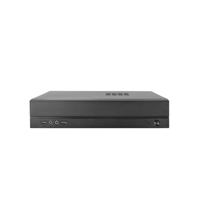 Ein schwarzer Mini-PC mit USB- und Audioanschlüssen an der Vorderseite, geeignet für kompakte Arbeitsbereiche.