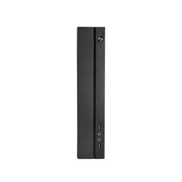 Schmaler schwarzer Desktop-PC der Vorderansicht mit mehreren USB-Anschlüssen und Power-Button, geeignet für kompakte Arbeitsräume.