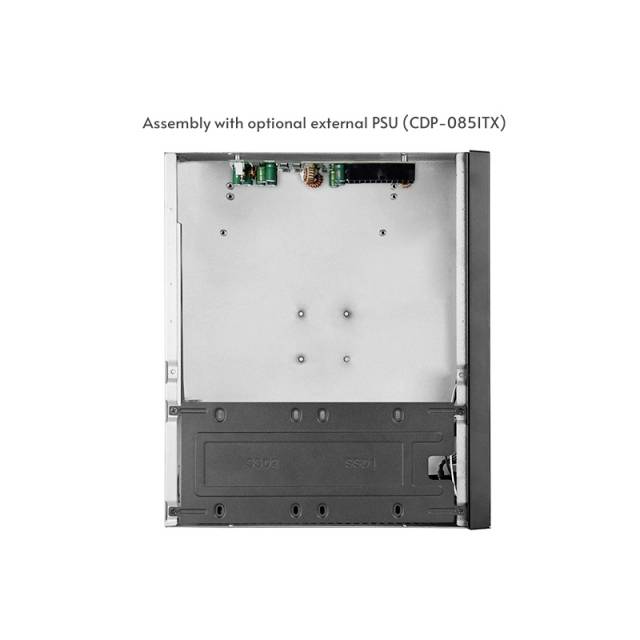 Gehäuse mit offenem Inneren, zeigt die Anordnung mit optionalem externen Netzteil (CDP-085ITX).