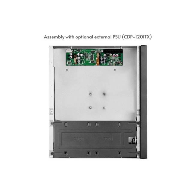 'Computergehäuse offen gezeigt, obere Platine sichtbar. Text: "Montage mit optionalem externem Netzteil (CDP-120ITX)".'