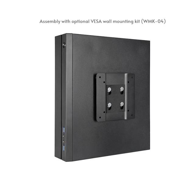 'Schwarzer Monitorhalter mit VESA-Wandmontage-Kit (WMK-04). Bild zeigt die Montageoptionen.'