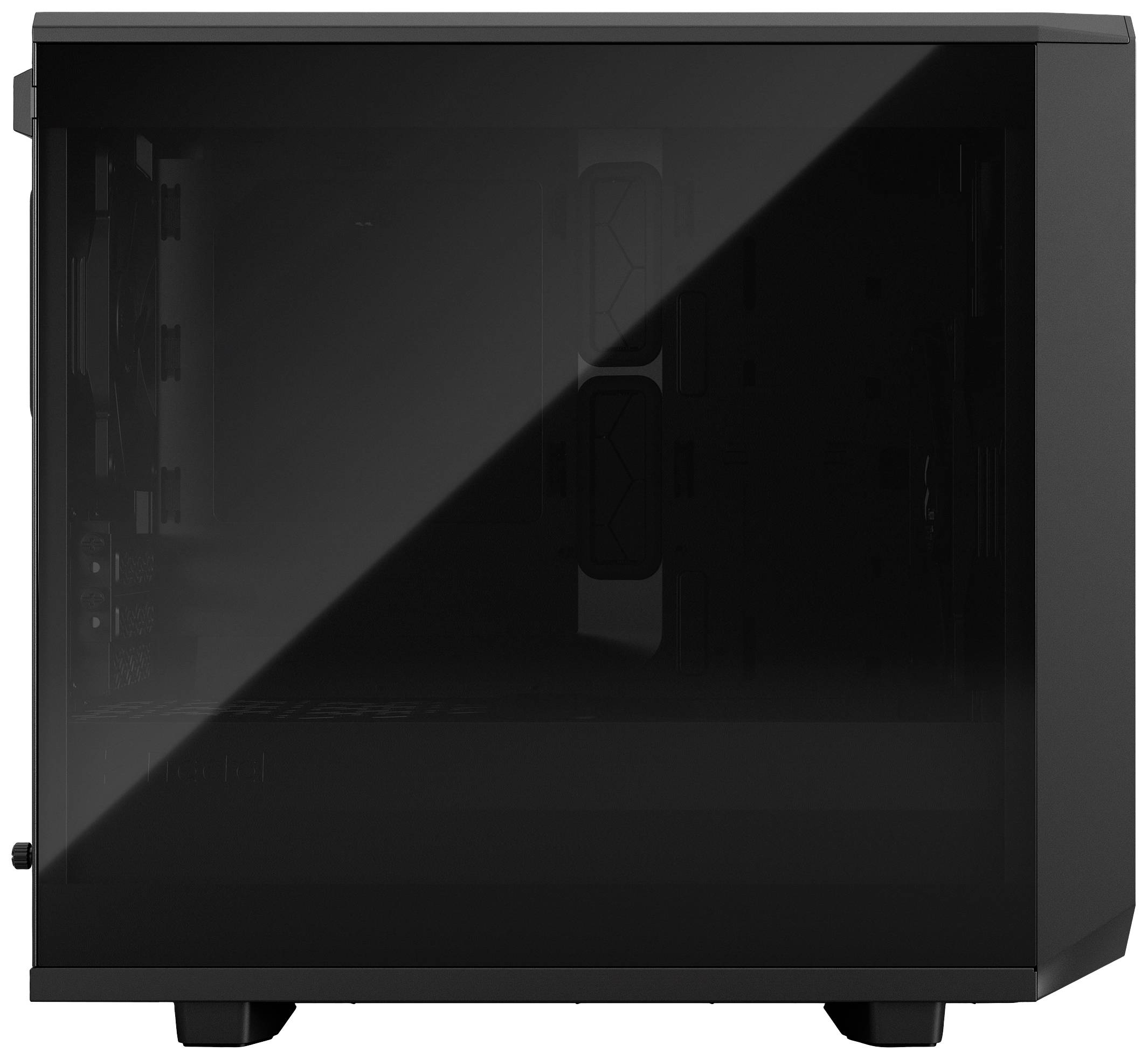 PC-Gehäuse mit Glasfront, schwarzem Rahmen und minimalistischem Design; geeignet als Computergehäuse für individuelle Zusammenstellungen.