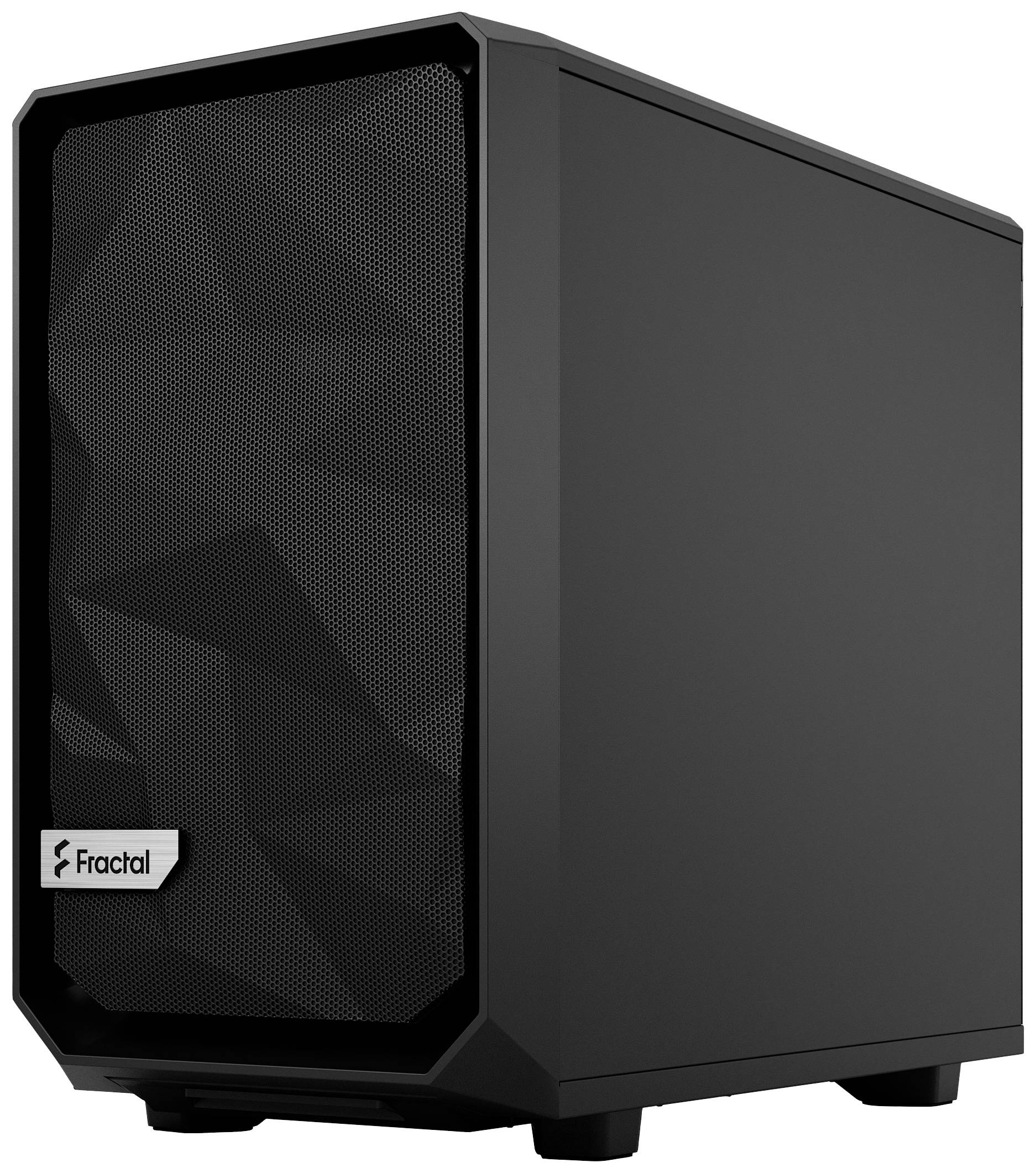 Ein schwarzes Computergehäuse mit Mesh-Frontblende, rechteckiger Form und markantem Logo in der unteren Ecke der Vorderseite.