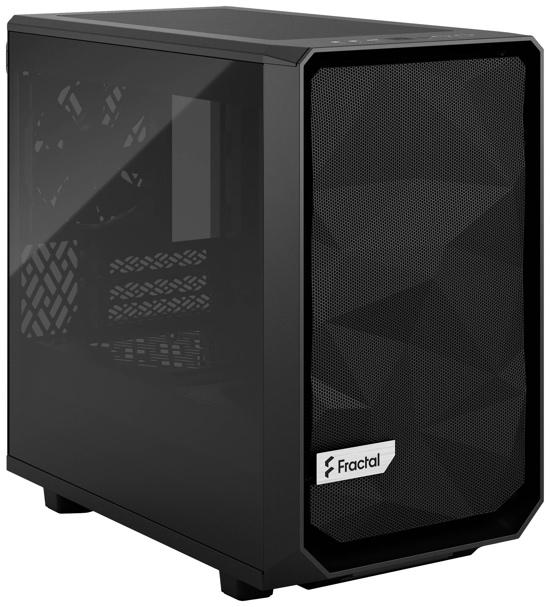 Ein schwarzes PC-Gehäuse mit einem Mesh-Frontpanel und einem durchsichtigen Seitenteil, das den inneren Aufbau zeigt.