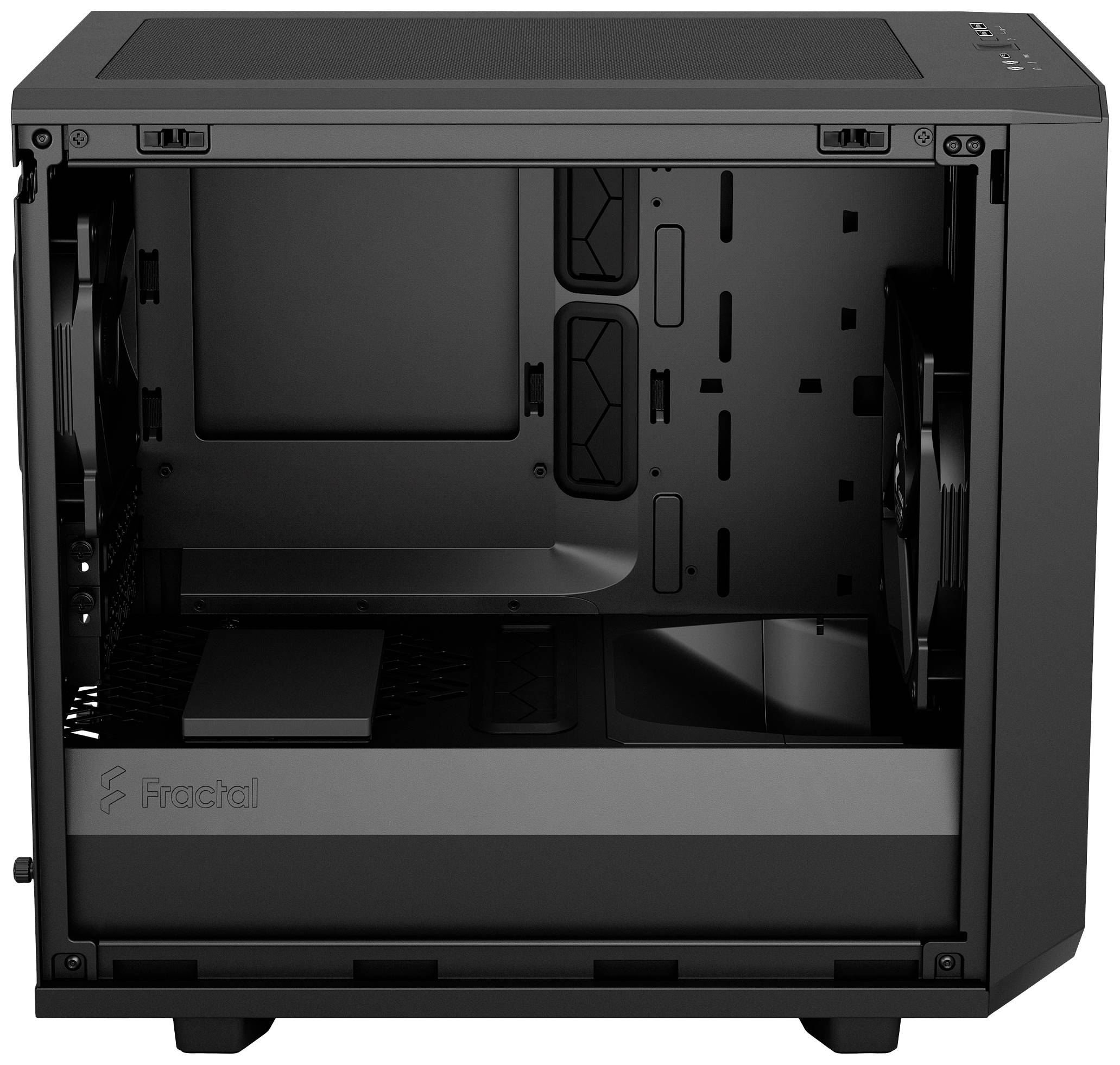 Ein schwarzes Computergehäuse von Fractal, leer und offen, zeigt Innenraum mit Lüfter und Platz für Hardwarekomponenten.