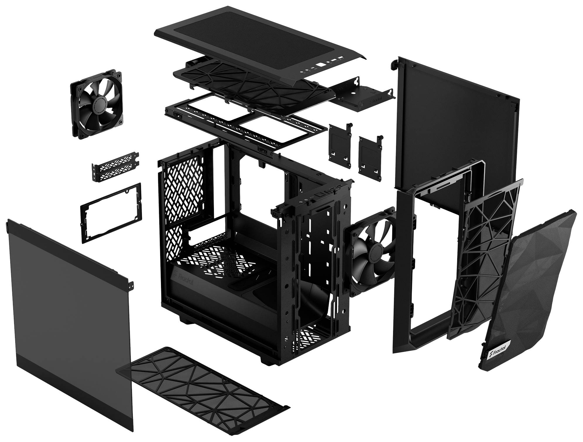 Explodierte Ansicht eines Computergehäuses mit separaten Komponenten wie Lüfter, Panels und strukturellen Elementen, die gezeigt werden.