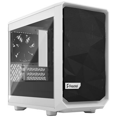 Weißes Computergehäuse mit Glaspanel an der Seite, das Innere zeigt Lüfter und Platz für Komponenten; Frontgitter trägt das 'Fractal'-Logo.