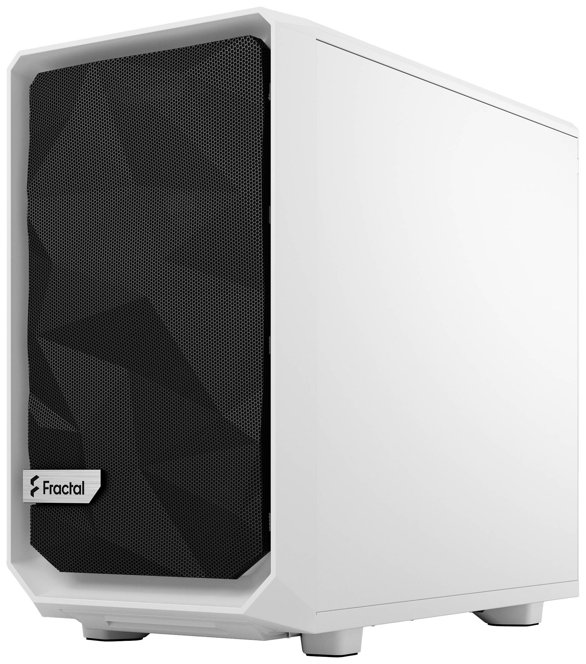 Ein weißes Computergehäuse mit schwarzer, geometrisch gemusterter Vorderseite. Markenname auf der Vorderseite unten links.