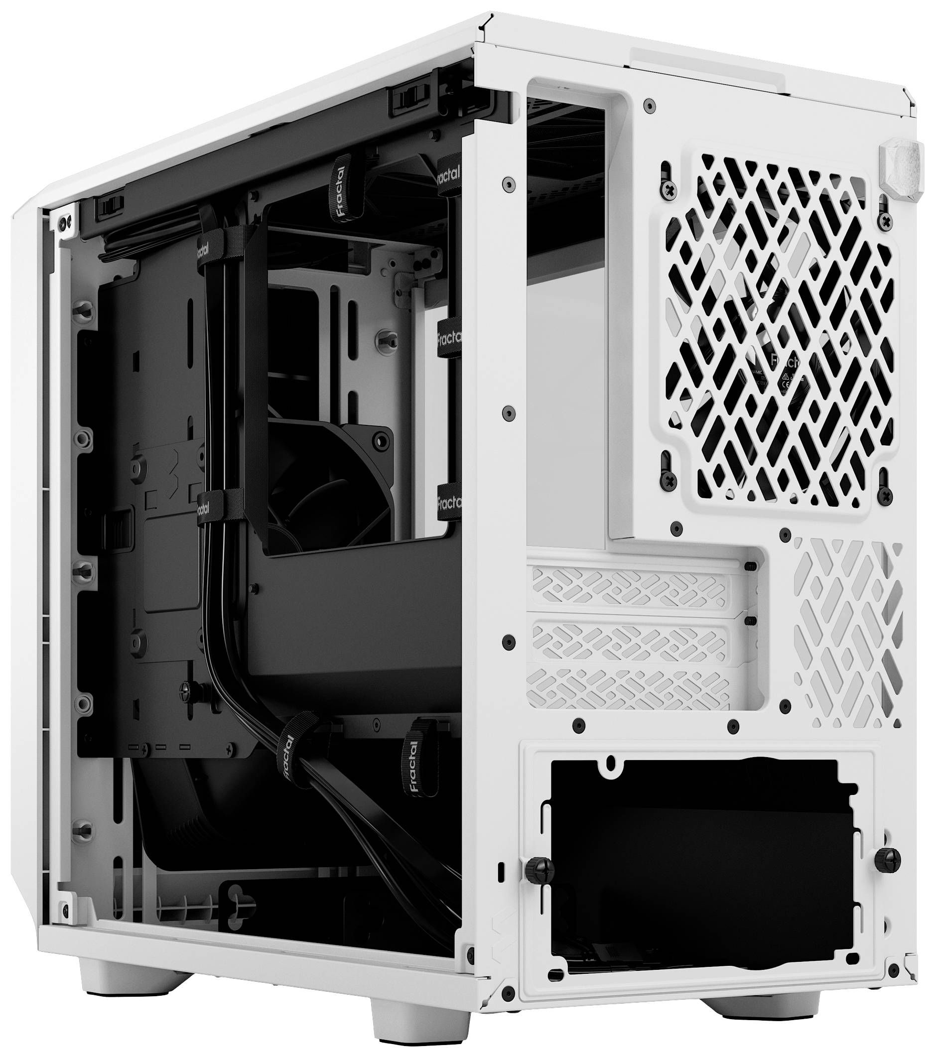Weißes Computergehäuse von hinten und seitlich geöffnet, zeigt Innenaufbau und Lüfterplatzierung. Keine Hardware eingebaut.