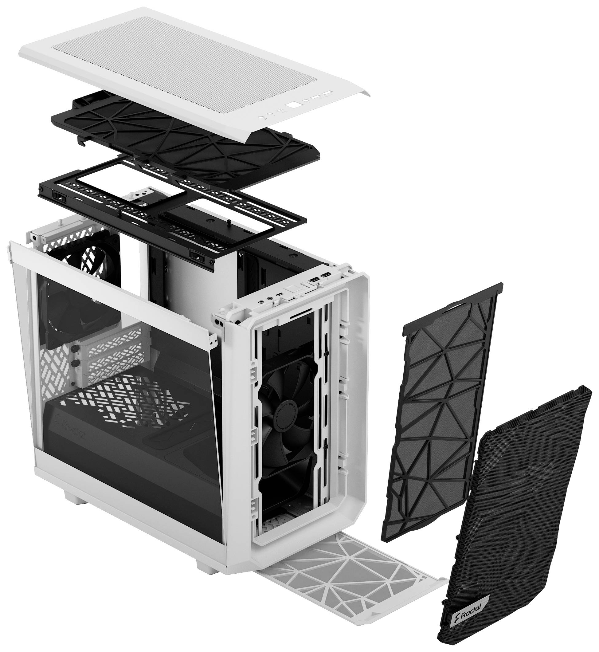 'Explosionszeichnung eines Computergehäuses: Alle Teile, einschließlich Seitenteilen, Oberfläche und Lüfter, sind sichtbar getrennt.'
