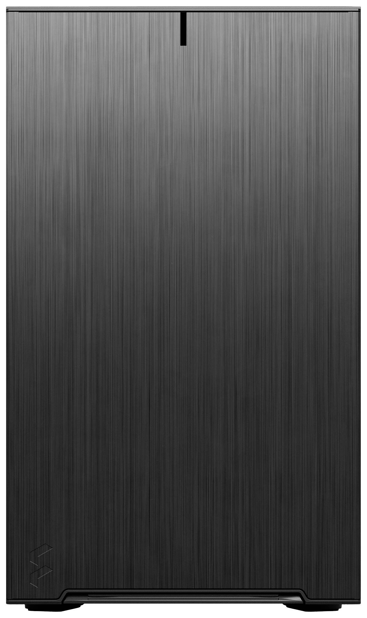 Schwarzes Computergehäuse mit gebürsteter Metalloberfläche und minimalistischem Design.