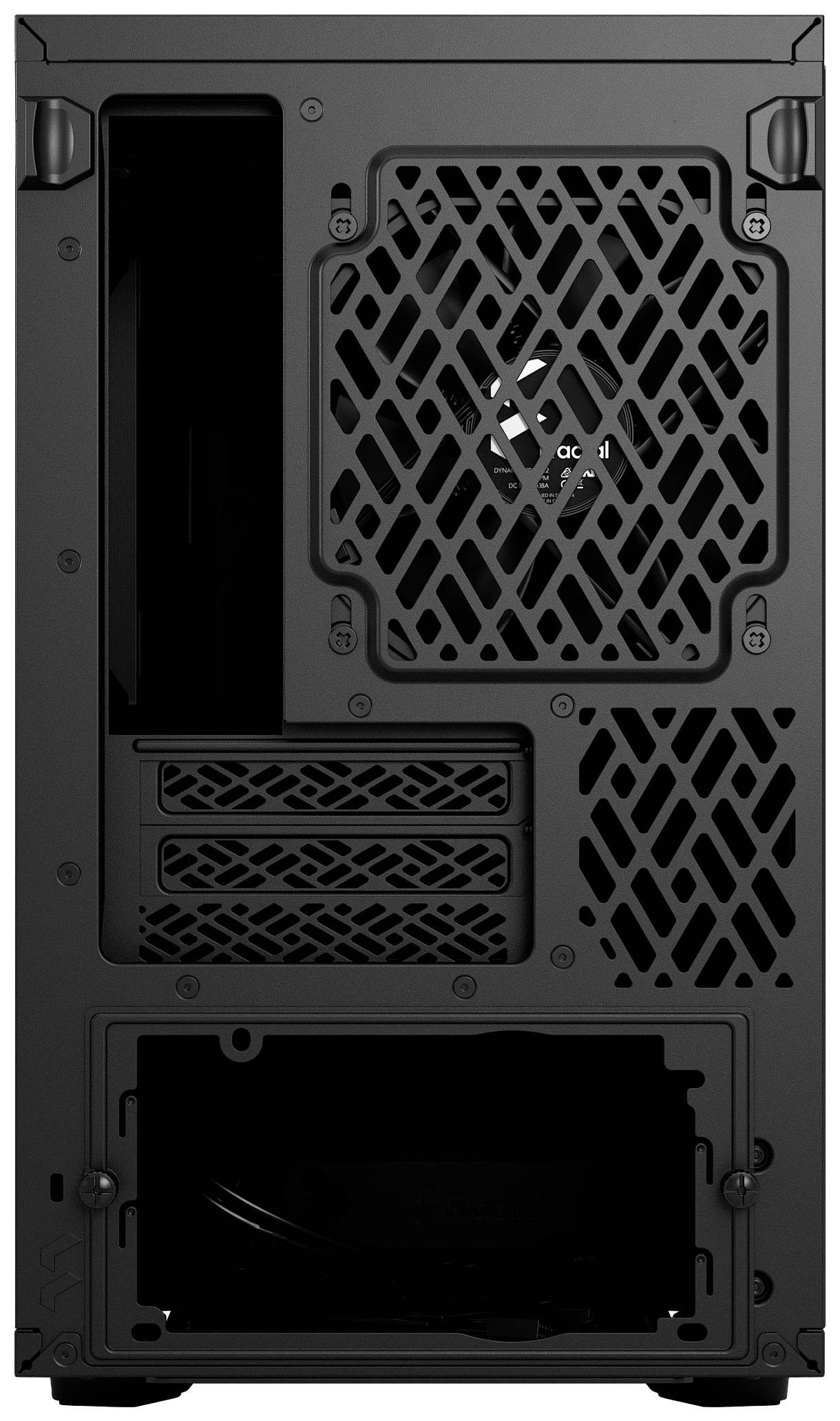 'Rückseite eines PC-Towers mit Lüftergitter, zwei erweiterbaren Steckplätzen und Öffnungen für Anschlusskabel.'