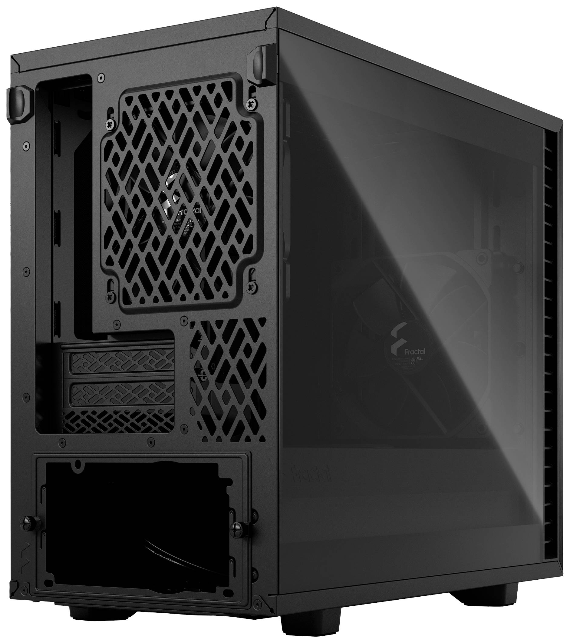 Ein schwarzes PC-Gehäuse mit einer transparenten Seitenwand zeigt das Innenlayout, inklusive Lüfterplatzierung und Kabelmanagementoptionen.