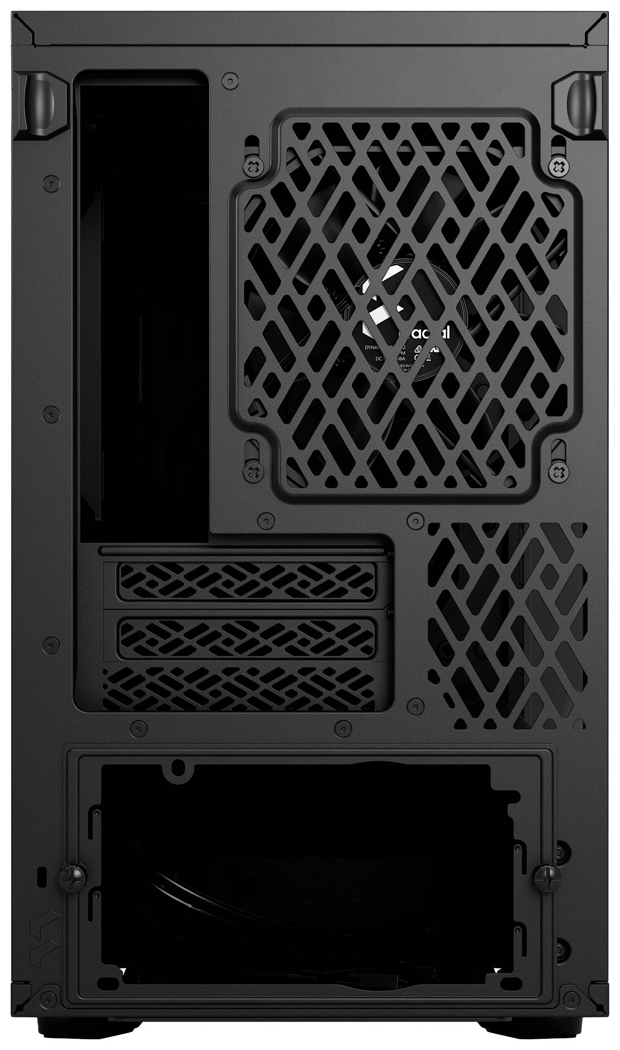 Schwarzes Computergehäuse von hinten mit Lüftungsgittern, mehreren Steckplatzöffnungen und einem großen Lüfter oberhalb der Steckplätze.