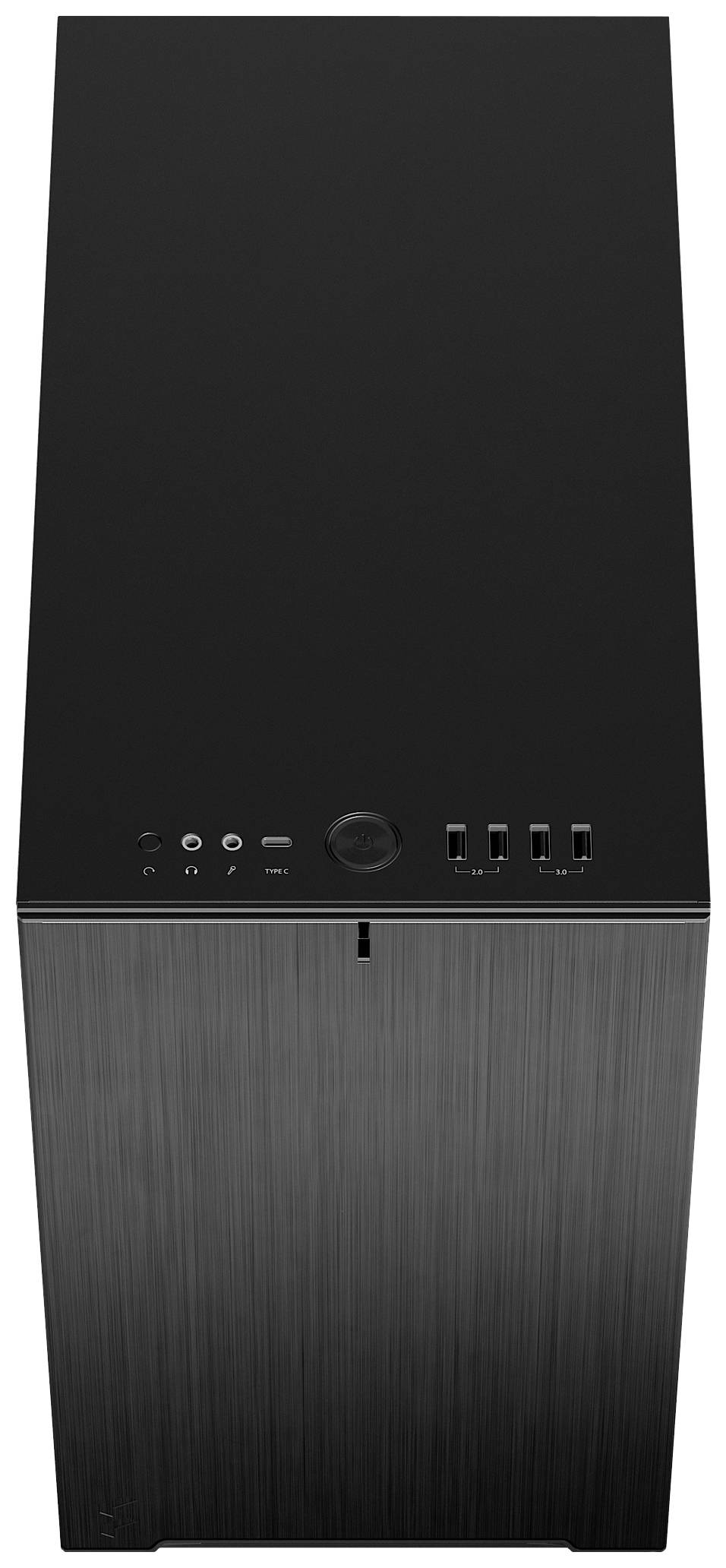 Ein schwarzer Computer-Tower mit mehreren Anschlüssen auf der Vorderseite.