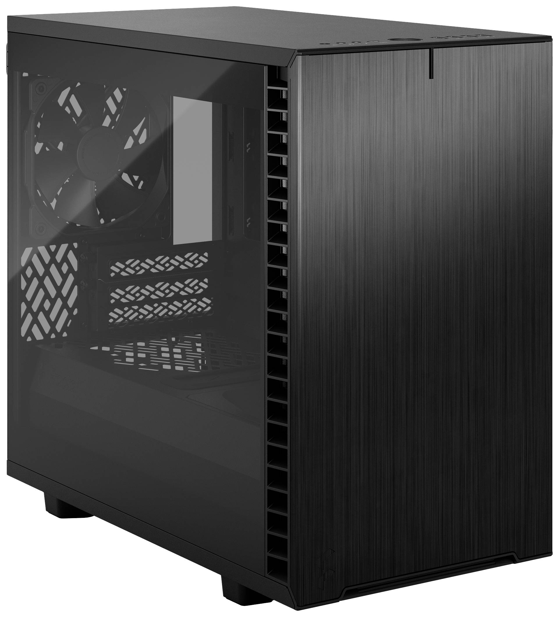 Schwarzes Computergehäuse mit transparentem Seitenfenster, das interne Komponenten sichtbar macht; geeignet für PC-Bauprojekte.