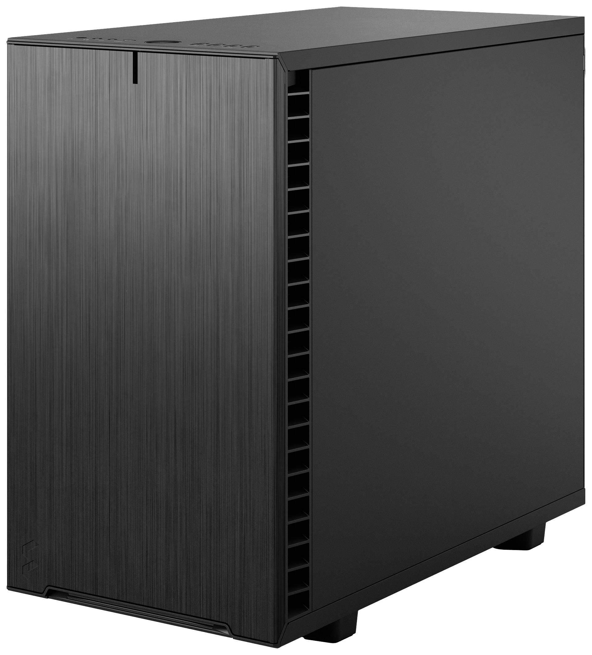 Schwarzes Computergehäuse mit schlichtem Design, Lüftungsschlitzen an der Vorderseite und an den Seiten für verbesserte Kühlung.