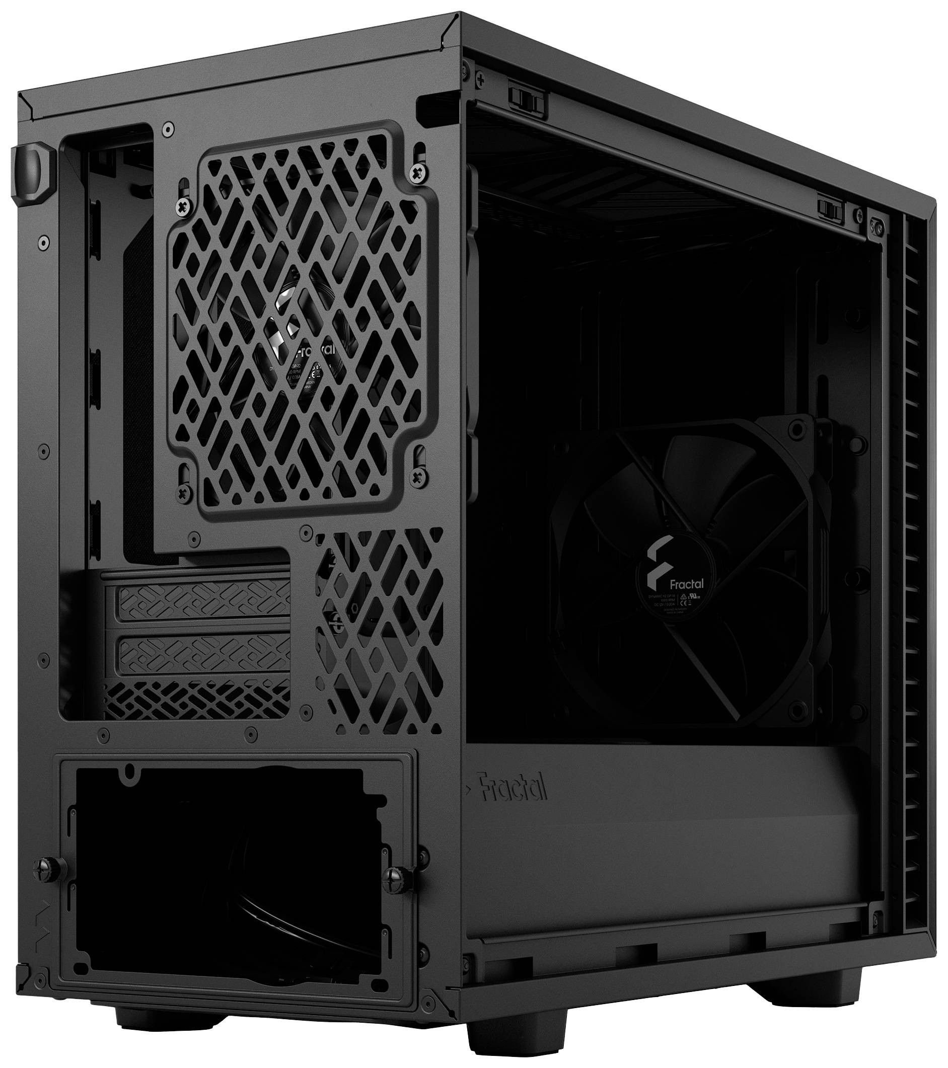 Schwarzes Computergehäuse mit offenem Seitenteil, um zwei Lüfter zu zeigen. Eignet sich für den Bau oder die Anpassung eines PCs.