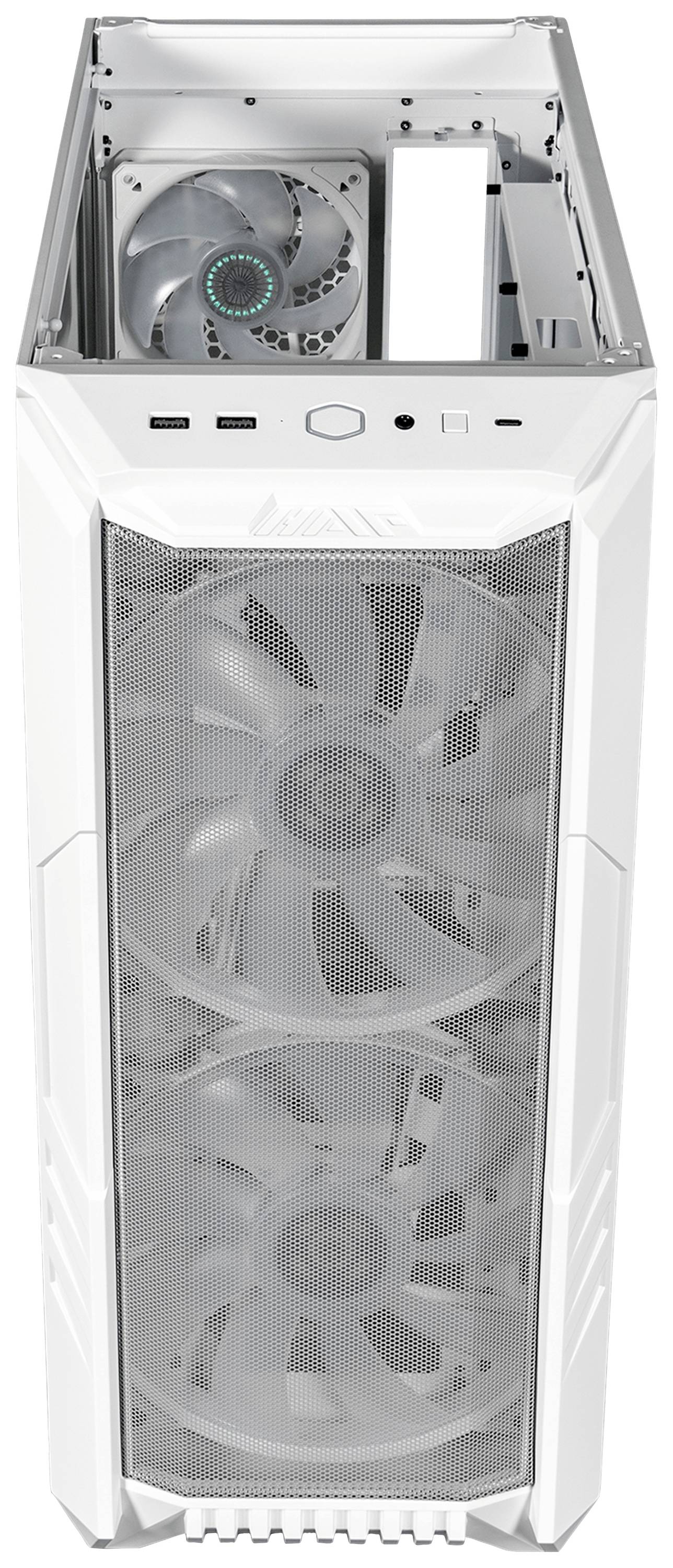 Weißes Computergehäuse mit durchsichtigem Frontpanel, das zwei große Lüfter zeigt. Oberseite ebenfalls mit Lüfter und Kabelanschlüssen.