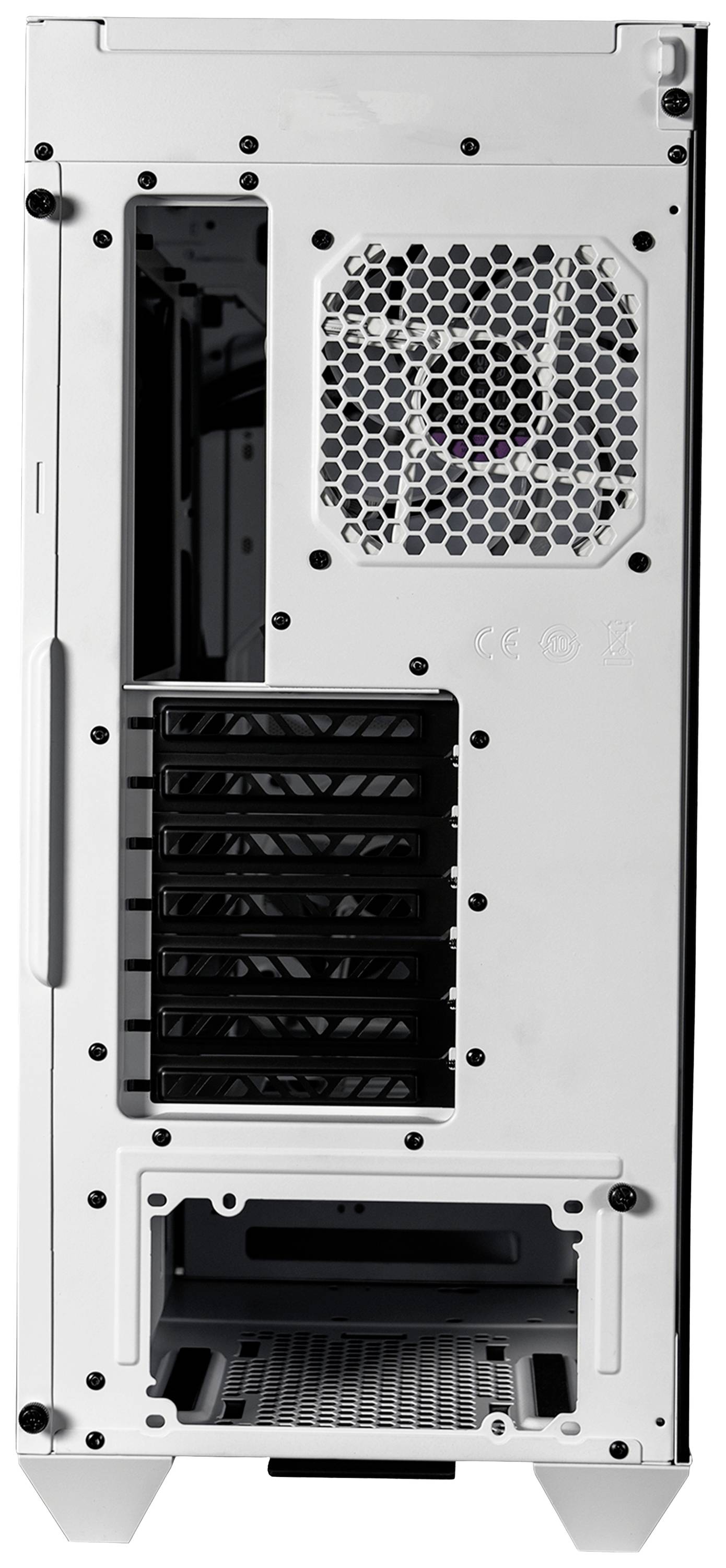 Rückansicht eines weißen Computer-Gehäuses mit Lüftungsgitter, mehreren Erweiterungsslots und Netzteilöffnung unten.
