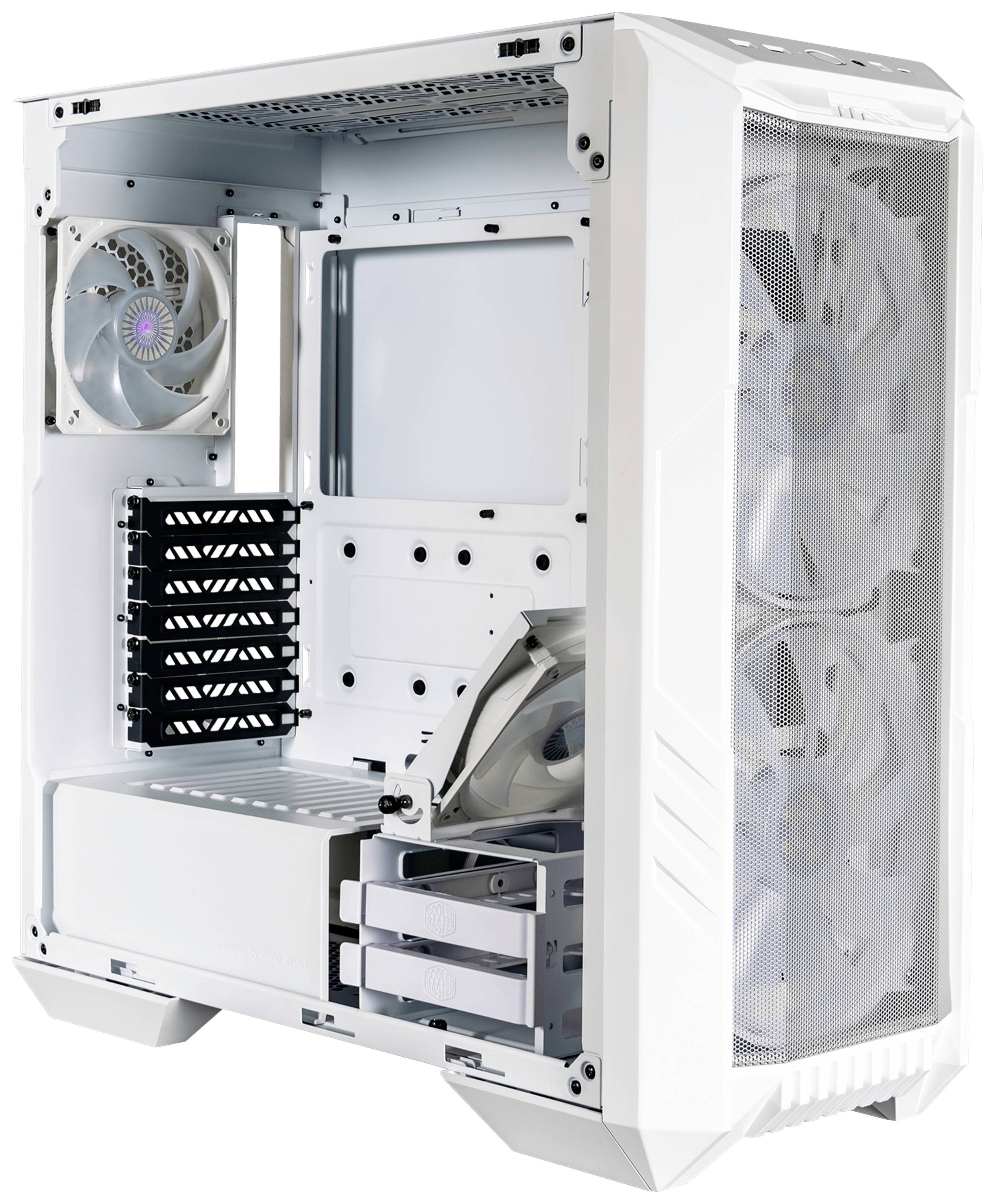 Weißes Computergehäuse mit mehreren Lüftern und offenen Seiten. Geeignet für DIY-PC-Bau und Kühlsysteminstallation.