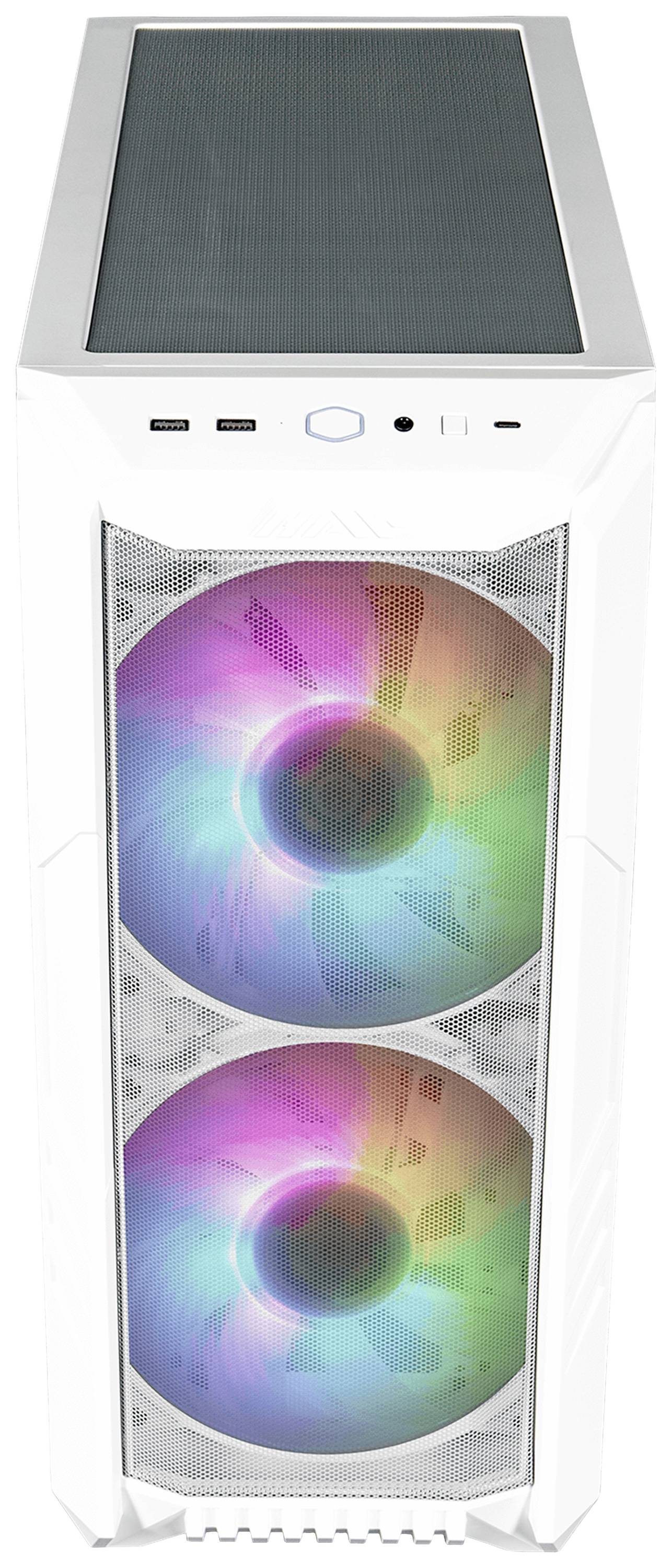 Ein weißes PC-Gehäuse mit zwei RGB-beleuchteten Lüftern auf der Vorderseite, modern und funktional gestaltet.